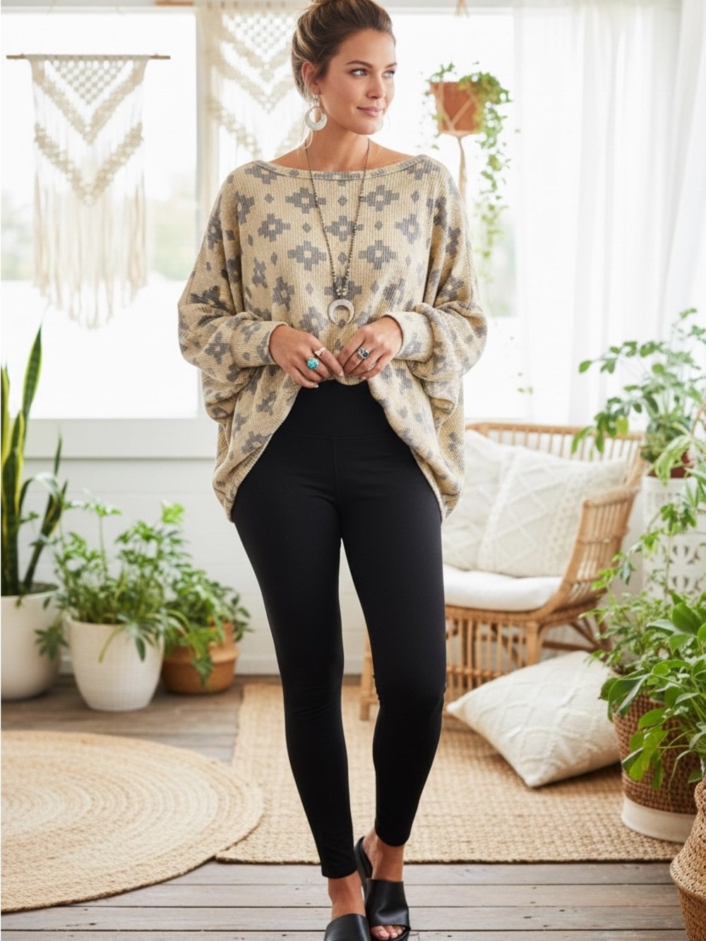Sterling Kreek Cream Knit Top Batwing Sleeves & Gray Geometric Print Size L Boho - Picture 2 of 10